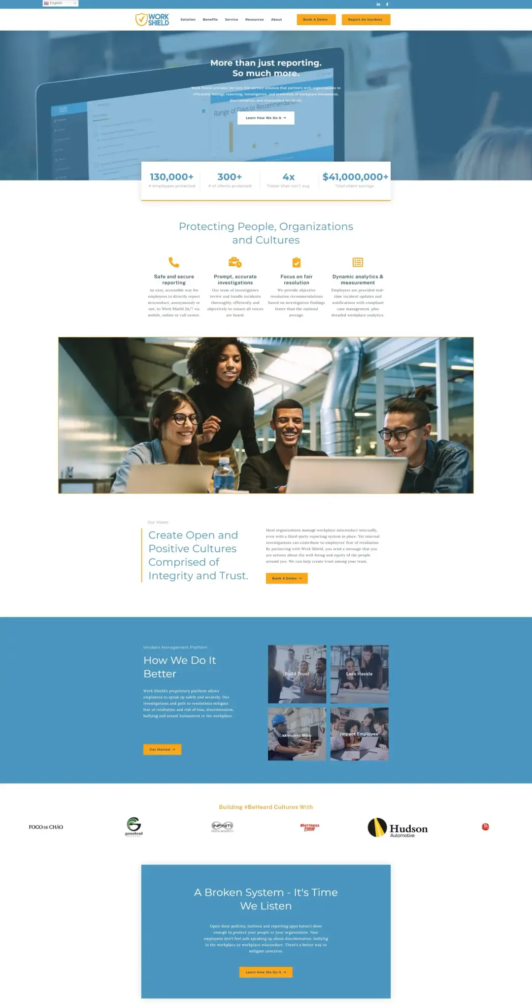 WorkShield workplace harassment reporting platform showing comprehensive solution with 130,000+ employees protected, 300+ investigations, and enterprise-grade security features for safe workplace incident reporting