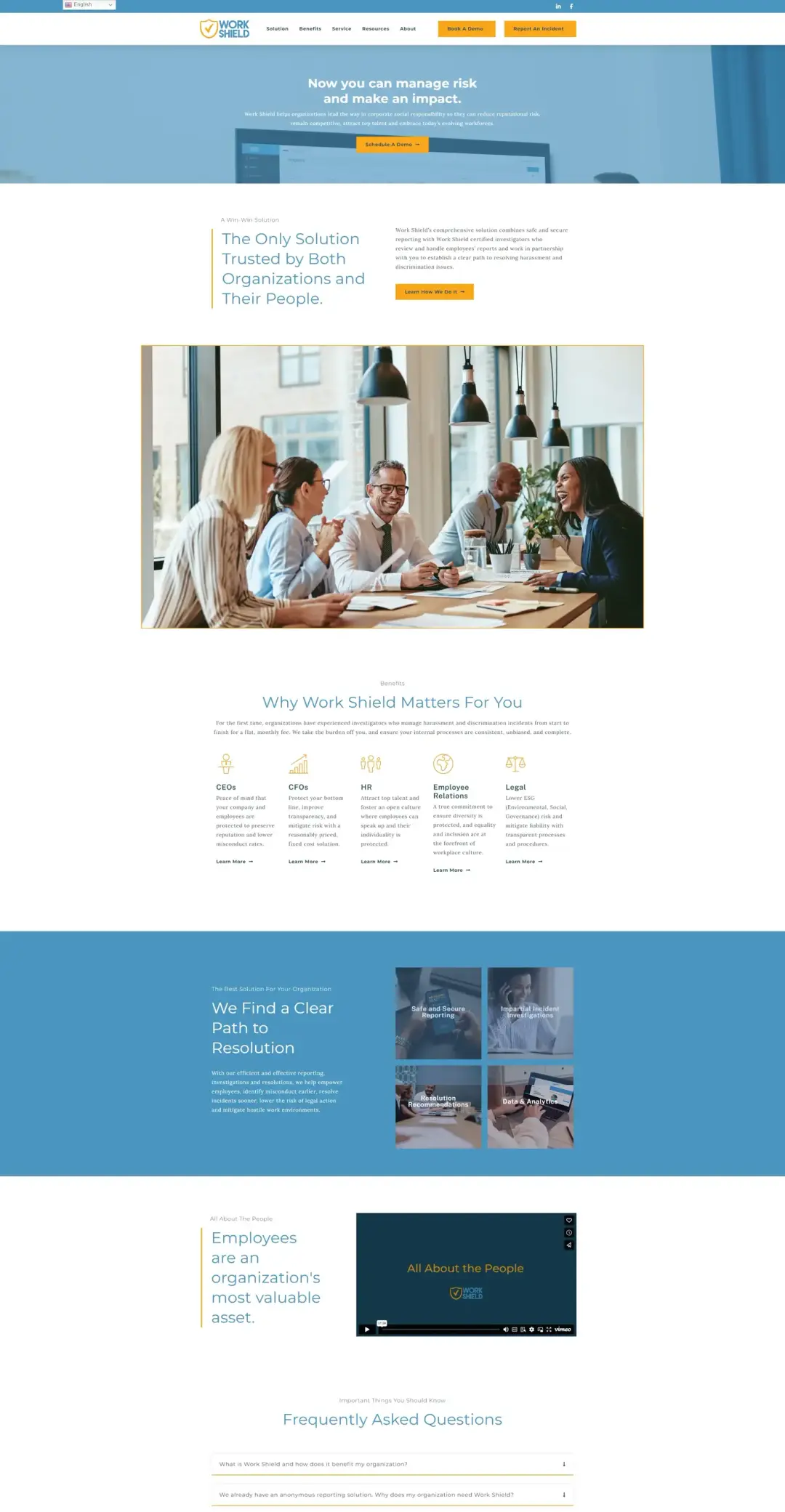 WorkShield platform features showing comprehensive workplace incident management system with multi-stakeholder approach covering CEOs, CFOs, HR, Employee Relations and Legal teams for complete organizational protection